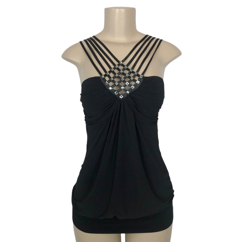 Vintage Kiwi Strappy Rhinestone Embellished Cami Tank Top Small Y2K Whimsigoth